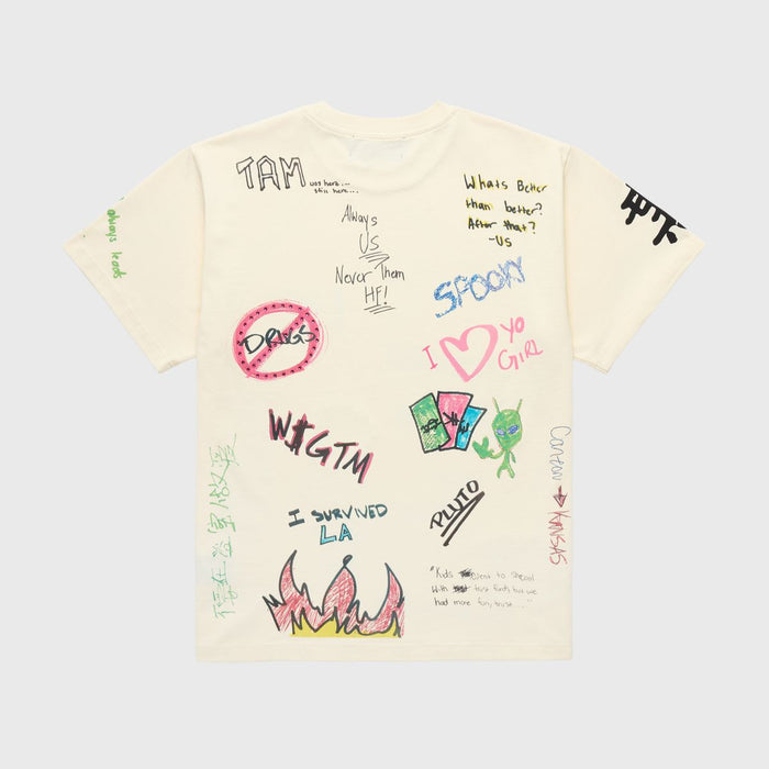 Premium cotton Rest Stop graphic tee featuring bathroom doodles in off-white color