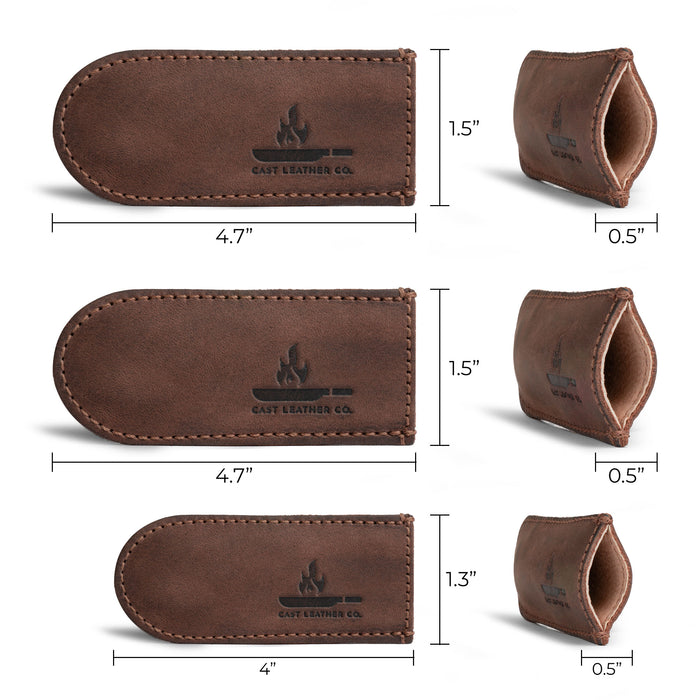 Measurements of Cast Leather Co.'s Hot Handle Covers (Set of 3), highlighting the practical design suitable for heat protection when handling cast iron pans. These artisan-made covers are crafted from full grain leather and feature hand sewn details, ensuring durability and quality.