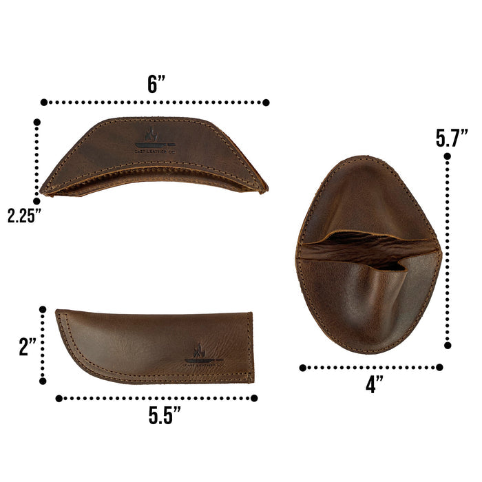 In this image, the dimensions of the Hot Handle Holders Set of 3 by Cast Leather Co. are showcased, displaying various styles of rustic leather grips. These versatile pieces serve as a panhandle, side kick, and grip mitt, designed for assist grips with cast iron skillets and pans. Highlighting the artistry of full grain leather, each item is individually made in small batches in La Antigua Guatemala & Oaxaca Mexico.