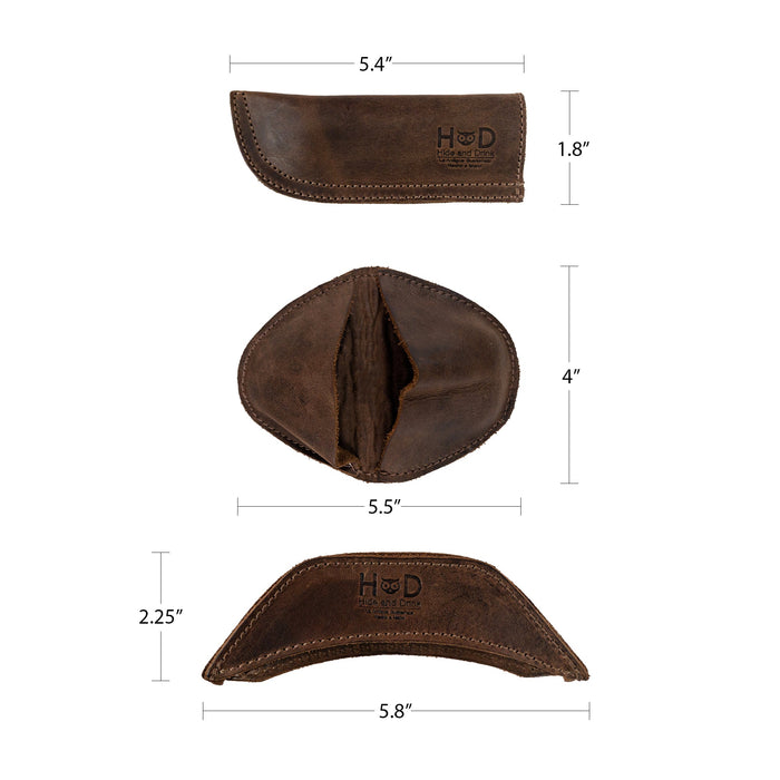 Detailed specifications for the Hide & Drink Hot Handle Holders (Set of 3), showcasing dimensions of the Panhandle, Side Kick, and Grip Mitt. Each piece, crafted from Full Grain Leather, highlights Small Batch Production techniques, featuring Hand Cut and Hand Sewn artistry by craftsmen in La Antigua Guatemala & Oaxaca Mexico.