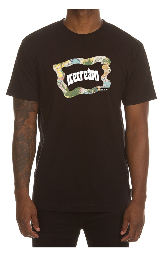 A black short-sleeve T-shirt featuring the Ice Cream design, style 451-3203
