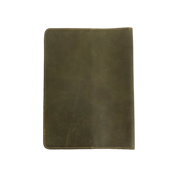 Open view of the interior features of the green Full Grain Leather Journal Cover for Moleskine Cahier XL (7.5 x 9.75 in.) by Hide & Drink. The rich texture and thoughtful design make this notebook case a favorite for writers and artists, celebrating artisan craftsmanship.