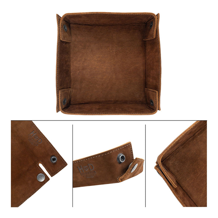 Hide & Drink Jumbo Tray showcasing a rustic design, perfect as a catchall for coins and watches. This durable organizer is made from full grain leather, celebrating small batch artisan production in La Antigua Guatemala.