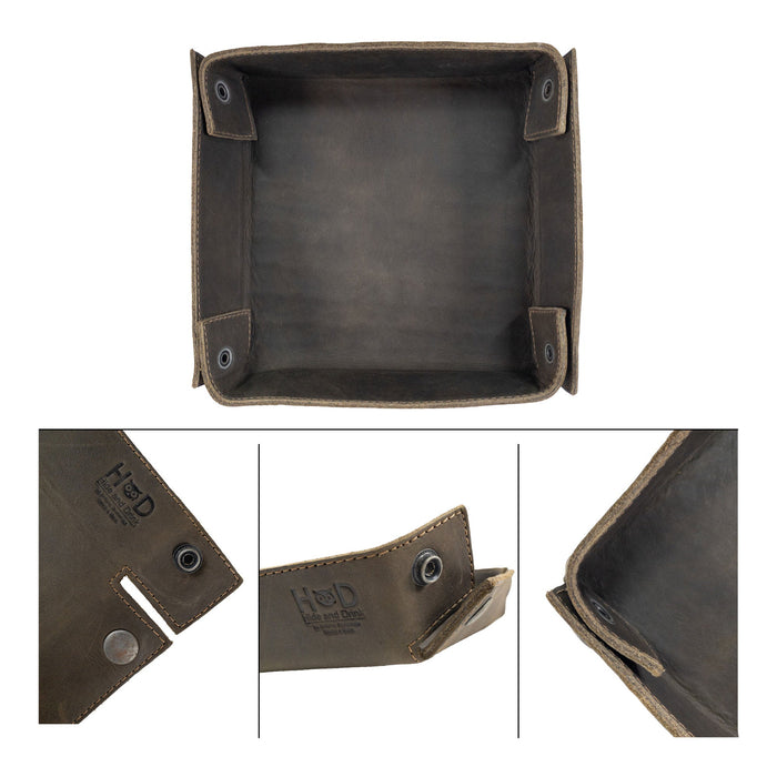 Hide & Drink Jumbo Tray, a versatile catchall tray made from durable full grain leather for easy access to items like keys and jewelry. This handmade piece showcases artisan techniques from La Antigua Guatemala.