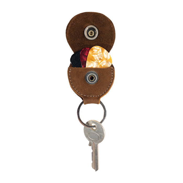 Key Chain & Guitar Pick Holder by Hide & Drink, showcasing a rustic Guitar Pick Holder with Ring, perfect for organizing keys. Made from Full Grain Leather in a small batch production style, this hand cut and hand sewn piece features artisan craftsmanship, fire branded details, and is handmade in La Antigua Guatemala & Oaxaca Mexico.
