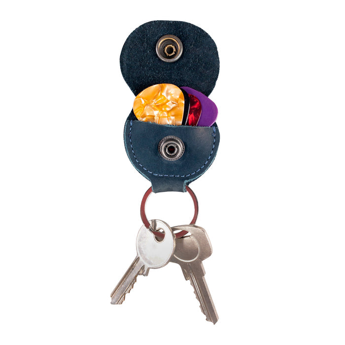 Hide & Drink Key Chain & Guitar Pick Holder, a handmade Full Grain Leather key organizer featuring a unique design with secure pick storage. Perfect for guitar players, this artisan product is hand cut and sewn, showcasing small batch production from La Antigua Guatemala & Oaxaca Mexico.