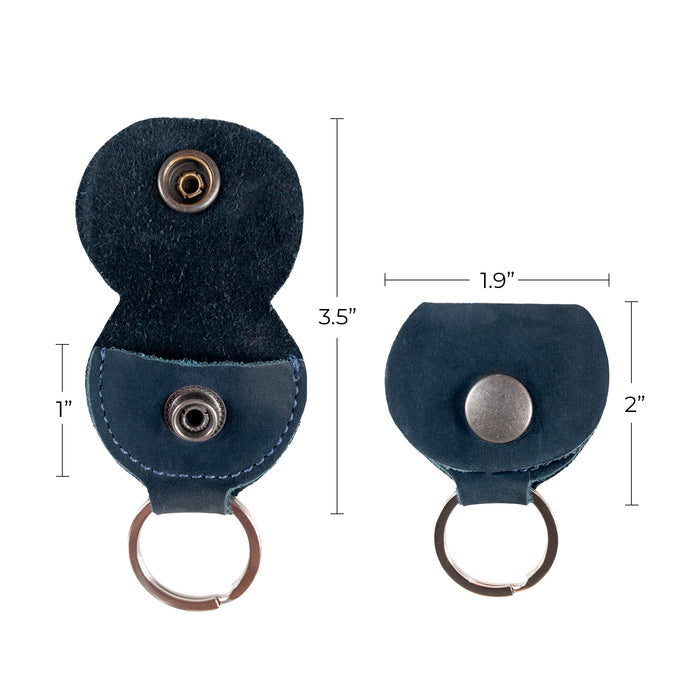 Hide & Drink Key Chain & Guitar Pick Holder, demonstrating stylish functionality, with precise measurements highlighted. This keychain for guitar players is crafted from Full Grain Leather, showcasing the artisan's dedication to quality in La Antigua Guatemala & Oaxaca Mexico.