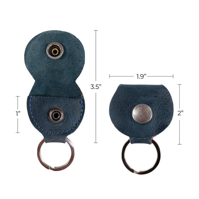 Measurement details of the Key Chain & Guitar Pick Holder by Hide & Drink, clearly portraying the size of the Guitar Pick Holder with Ring. This practical keychain for guitar players is crafted from durable Full Grain Leather, highlighting small batch production, hand cut and hand sewn artistry, artisan quality, and fire branding, handmade in La Antigua Guatemala & Oaxaca Mexico.