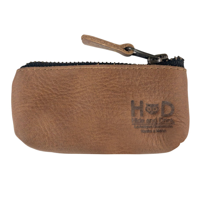 Hide & Drink Key Holder Zippered Pouch dimensions illustrated, practical for coins and small items. A vibrant touch to your organization needs as a money purse or earphone holder, crafted in full grain leather.
