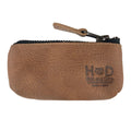 Hide & Drink Key Holder Zippered Pouch dimensions illustrated, practical for coins and small items. A vibrant touch to your organization needs as a money purse or earphone holder, crafted in full grain leather.