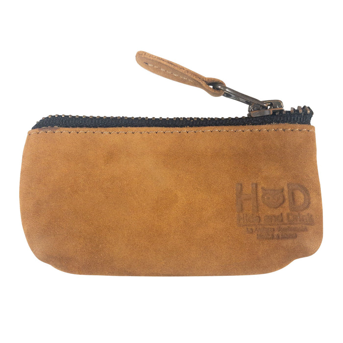 Hide & Drink Key Holder Zippered Pouch displaying packaging and product card, perfect as a gift item. Ideal for organizing keys, coins, or memory cards, crafted in full grain leather.