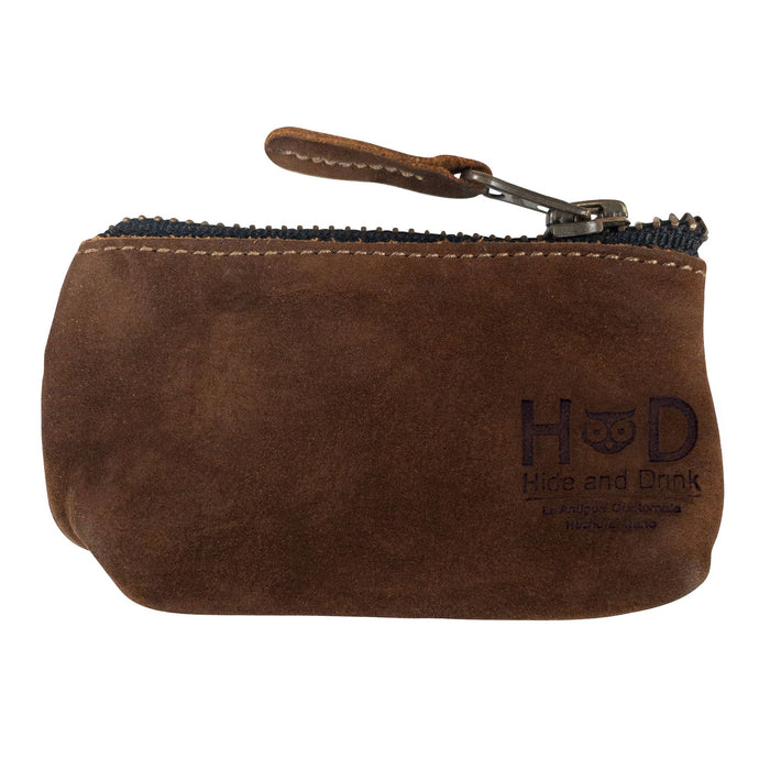 Hide & Drink Key Holder Zippered Pouch in a luxurious shade of brown, designed as a coin bag, money purse, and earphone holder. Crafted from full grain leather, showcasing artisan skills in La Antigua Guatemala & Oaxaca Mexico.