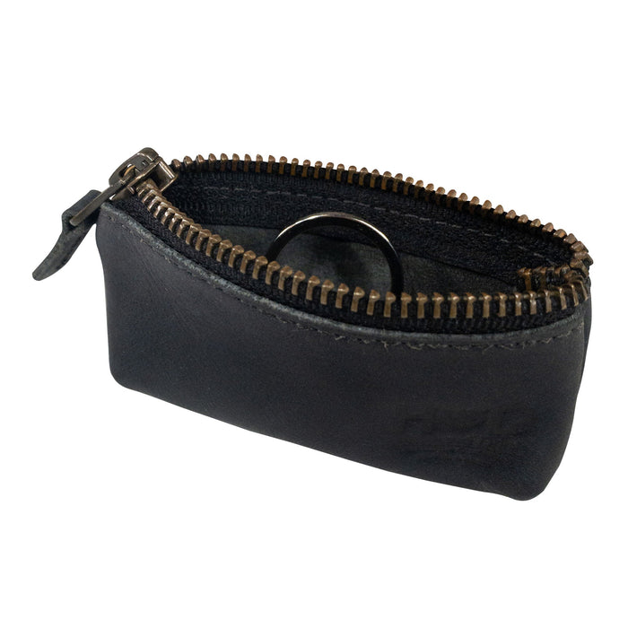 Hide & Drink Key Holder Zippered Pouch showcasing its interior structure for easy access. Ideal for organizing keys or as a zippered coin bag, handcrafted in vintage style leather.