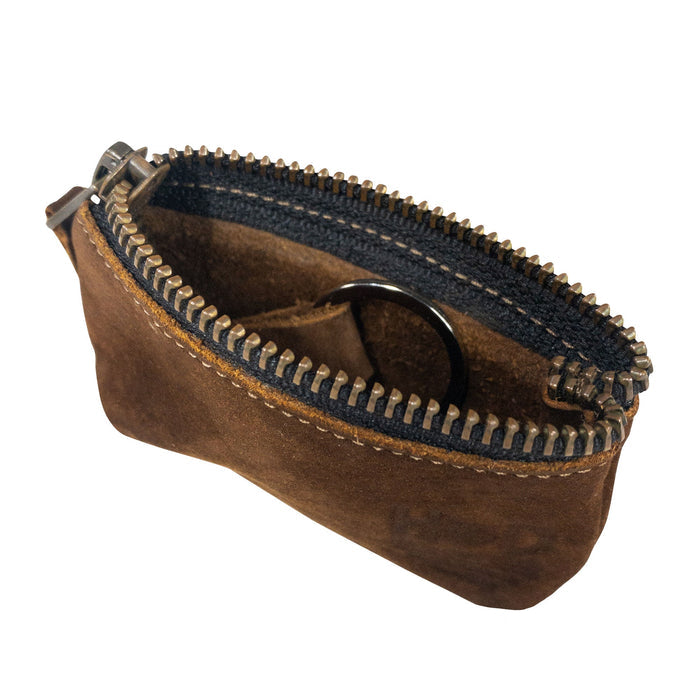 Hide & Drink Key Holder Zippered Pouch detailing interior space, perfect for keys or as a money purse. This zippered pouch made of full grain leather features small batch production craftsmanship in La Antigua Guatemala & Oaxaca Mexico.