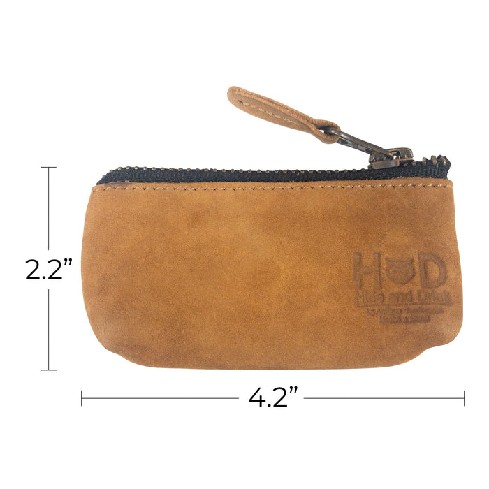 Hide & Drink Key Holder Zippered Pouch with dimensions showcasing its practical size. A versatile pouch for coins or charging cables, artisan-made with a commitment to craftsmanship.