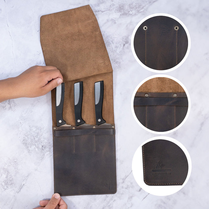 An opened Knife Case with 3 Slots from Cast Leather Co., highlighting three securely placed knives. This knife organizer demonstrates rustic storage for kitchen utensils, crafted from full grain leather with a focus on small batch production, hand-cut, hand-sewn, and fire branded touches. Artisan craftsmanship from La Antigua Guatemala & Oaxaca Mexico.