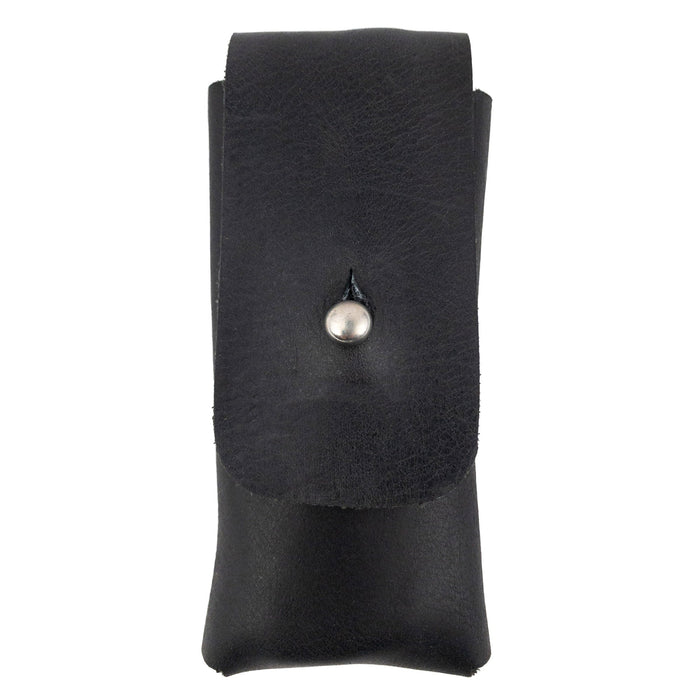 Sleek Hide & Drink Knife Case in black full grain leather. This riveted Swiss knife case serves as a stylish holster and protector, ideal for camping and hiking enthusiasts. Hand sewn and crafted in small batches by artisans in Oaxaca Mexico.