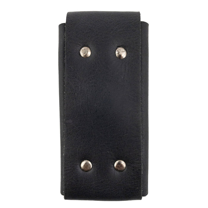 Back of Hide & Drink Knife Case, showcasing rivets and black full grain leather texture. This handmade knife case acts as a reliable protector, essential for hiking and camping trips, reflecting the artisanal small batch production methods used in La Antigua Guatemala.
