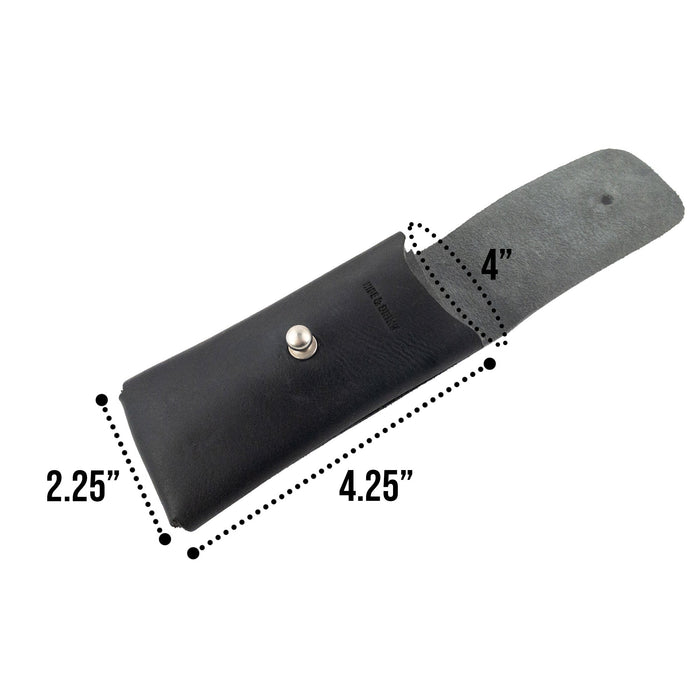 Hide & Drink Knife Case featuring dimensions, made of high-quality black full grain leather. This handcrafted riveted Swiss knife case is a reliable protector, perfect for all hiking and camping essentials, emphasizing small batch artisan production.