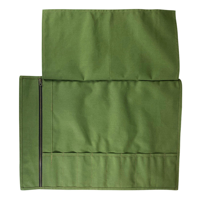 Empty Cast Leather Co. Knife Roll Bag displayed flat, featuring the durable water-resistant canvas and full grain leather design. Ideal for storing up to 10 specialty knives, this Knife Roll Bag protects sharp cooking items while being handmade in La Antigua Guatemala & Oaxaca Mexico.
