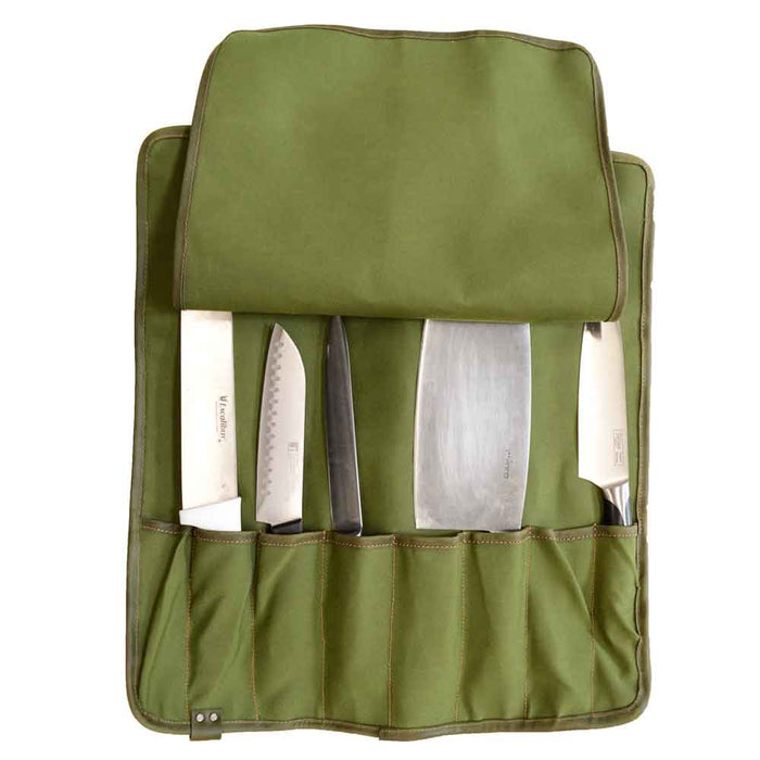 Inside view of Hide & Drink Knife Roll With Water Resistant Lining (8 Pockets) featuring knife compartments. Ideal for your Chef's Knife Roll Bag (8 Pockets), this portable knife organizer is perfect for travel and cooking accessories.