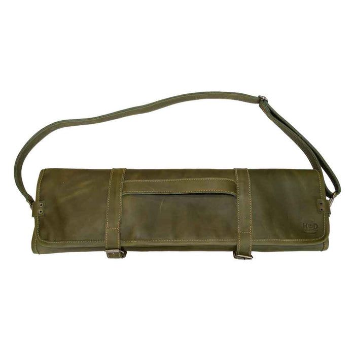 Hide & Drink Knife Roll With Water Resistant Lining (8 Pockets) in olive green with shoulder strap. A stylish and functional Chef's Knife Roll Bag (8 Pockets), perfect as a portable knife organizer and travel accessory.