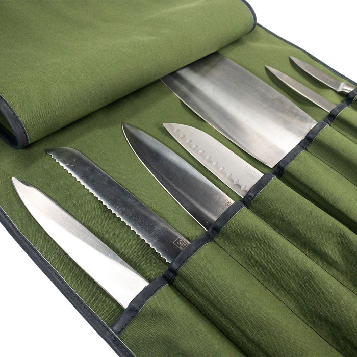 Hide & Drink Knife Roll With Water Resistant Lining (8 Pockets) demonstrating its quality build. Perfect as a Chef's Knife Roll Bag (8 Pockets), this portable knife organizer defines cooking accessories.
