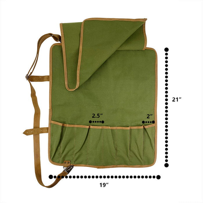 Hide & Drink Knife Roll With Water Resistant Lining (8 Pockets) showcasing dimensions for knife placement. A practical Chef's Knife Roll Bag (8 Pockets), perfect for chefs needing a portable knife organizer.