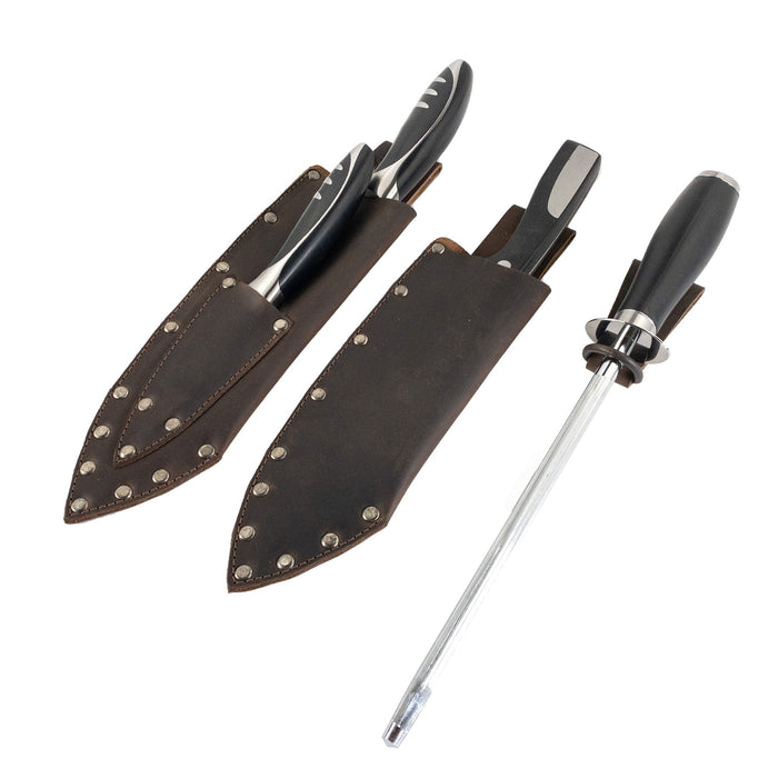 Stylish Knife Set Holder (3 Pieces) by Cast Leather Co., showcasing Full Grain Leather craftsmanship. This handmade item is an artisan creation featuring hand cut and hand sewn details, designed for those who appreciate quality materials and small batch production.