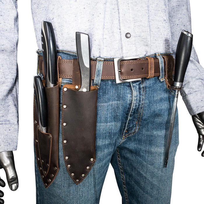 Knife Set Holder (3 Pieces) displayed by Cast Leather Co., made with high-quality Full Grain Leather. This artisan piece is hand cut, hand sewn, and fire branded, reflecting the dedication of small batch production for lasting quality in every kitchen.