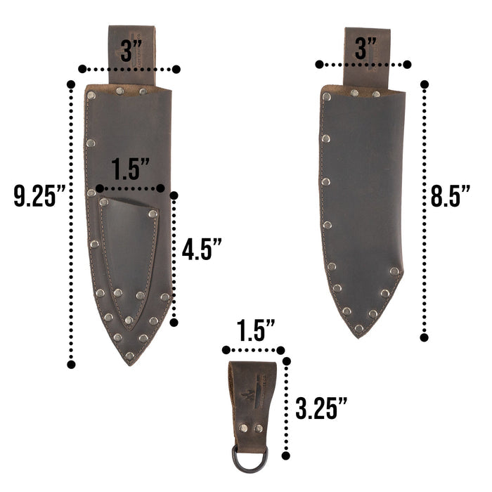 Detailed dimensions of the Knife Set Holder (3 Pieces) by Cast Leather Co., made with durable Full Grain Leather. This handmade item reflects artisan craftsmanship through fire branding, hand cut, and hand sewn techniques, ideal for kitchen enthusiasts.