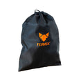 Freigestelltes Bild eines Kohlebeutels aus schwarzem Nylon mit FENNEK Logo-Aufdruck in Farbe orange.