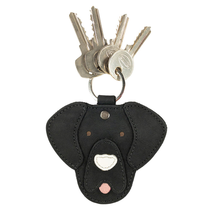 Labrador Dog Critter Keychain by Taco Dog in black, displaying keys and its cute design. Made from high-quality Full Grain Leather, this keychain is an artisan-crafted item, showcasing hand sewn details and small batch production for dog enthusiasts.