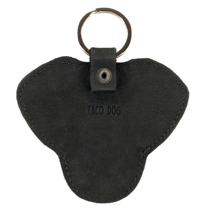 Back view of the black Labrador Dog Critter Keychain by Taco Dog featuring the unique fire branded logo. This artisan-crafted keychain is made from durable Full Grain Leather, showcasing hand cut and hand sewn craftsmanship in small batch production.