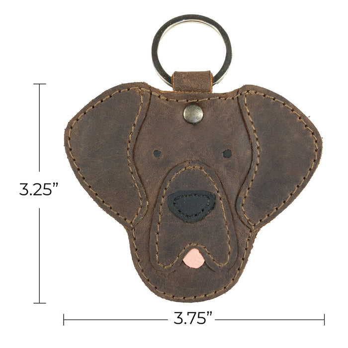 Dimensions of the Labrador Dog Critter Keychain by Taco Dog shown, measuring 3.75 inches long. This handmade keychain features Full Grain Leather, crafted through small batch production, showcasing artisan quality and hand sewn details.