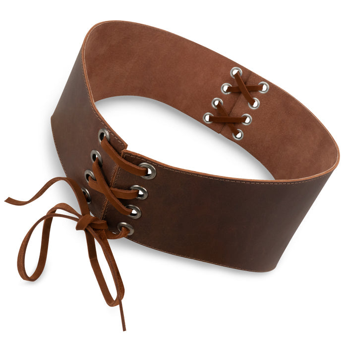 Close-up view of Hide & Play's Lace-up Corset Waist Belt for Women, featuring a stylish lace design in full grain leather. Perfect for adding a vintage touch as a costume accessory, made through small batch production and artisan skills. Handmade in La Antigua Guatemala & Oaxaca Mexico.