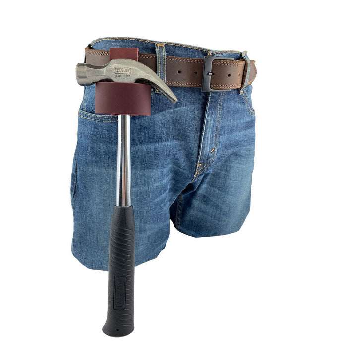 Large Hammer Holster by Hide & Drink, featuring a practical design made for woodworkers. This waist axe holster ensures tools are kept close by as a reliable rustic tool organizer. Handmade in Oaxaca Mexico with careful attention to detail.