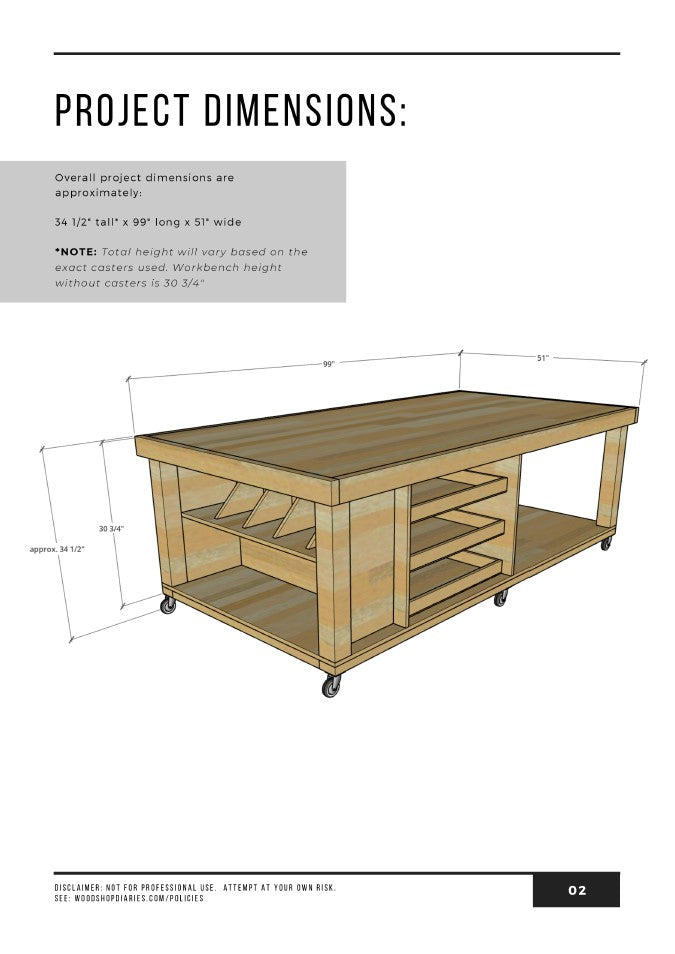 Overall dimensions diagram for DIY large mobile workbench – width, height, and depth measurements
