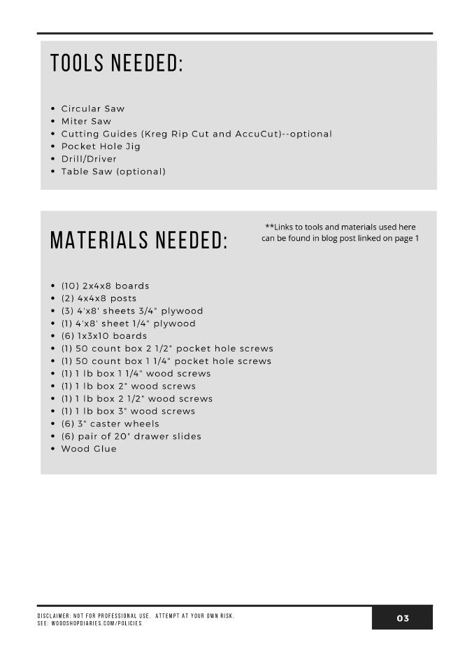 Tools and materials list for building a DIY large mobile workbench with storage
