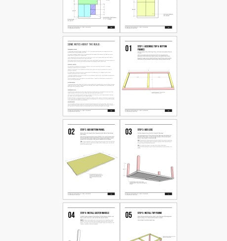 Printable PDF building plan preview with step-by-step instructions and 3D diagrams for mobile workbench
