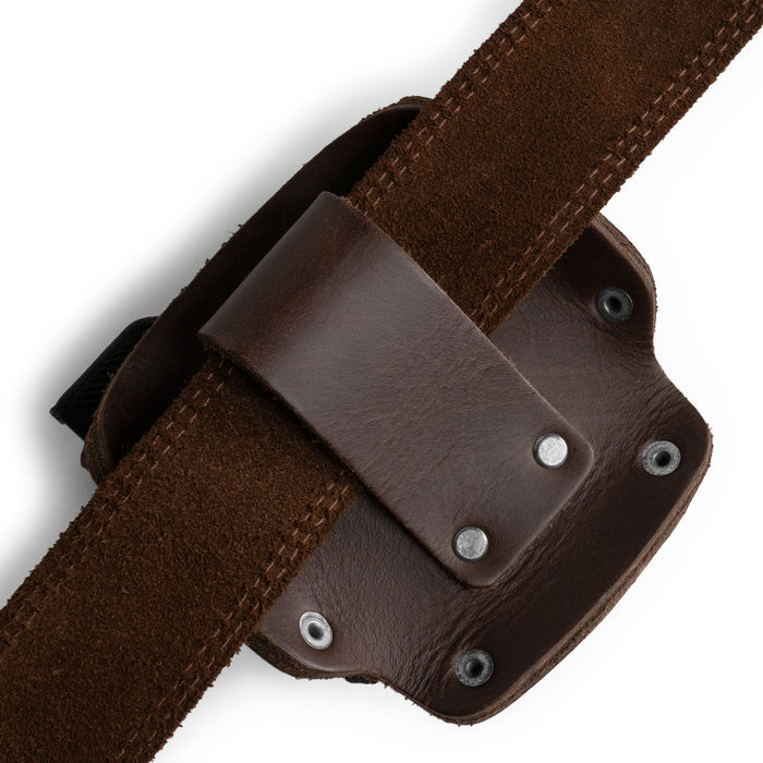 Close-up of Hide & Drink's Large Tape Holster showcasing its artisan handmade quality with a soft suede leather touch. A perfect companion for any Large Tape Measure user, crafted with care in La Antigua Guatemala.