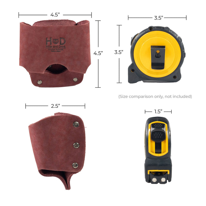 Hide & Drink's Large Tape Holster shown with detailed craftsmanship, perfect for tradespeople. This durable tool holster, made in La Antigua Guatemala, fits a Large Tape Measure seamlessly.
