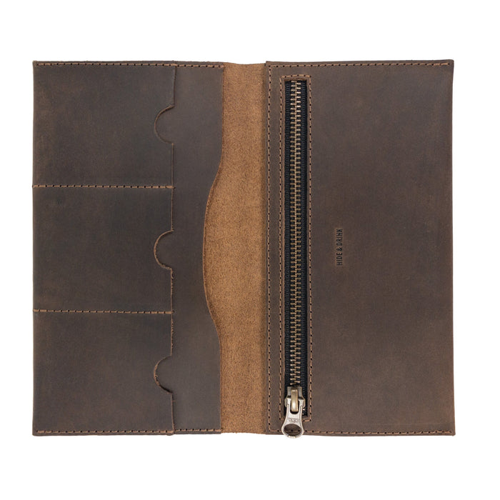 Open layout of the Hide & Drink Large Wallet for Passport with Credit Card Slots, displaying its full grain leather texture and several card slots, handmade in La Antigua Guatemala & Oaxaca Mexico.
