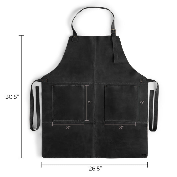 Measurement highlights of the Hide & Drink Leather Apron in black with clear dimensions displayed for reference, emphasizing its large pockets and practical design for anyone in need of a reliable Leather Apron.