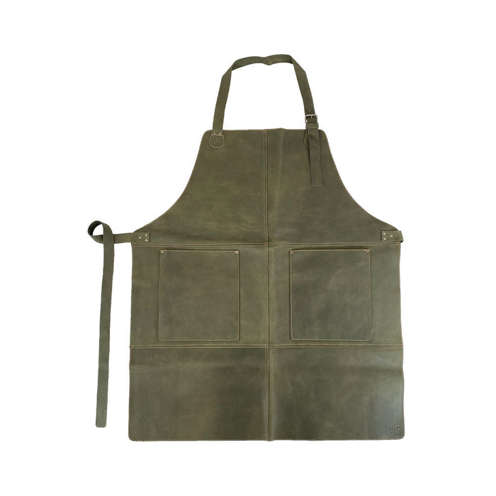 Front view of the Hide & Drink Leather Apron, rich green in color with large pockets for tools, demonstrating its full grain leather craftsmanship. A stylish and functional Leather Apron for all artisans.