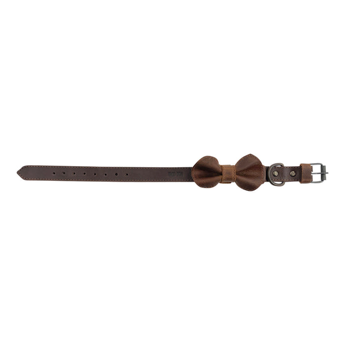 Flat lay of the Leather Bow Tie Collar by Taco Dog, displaying its full grain leather texture and stylish bow tie feature. This rustic collar is specifically designed for small dogs, offering a fashionable touch. Handmade through careful artisan techniques, it's a must-have pet accessory for dog lovers who appreciate quality and craftsmanship.