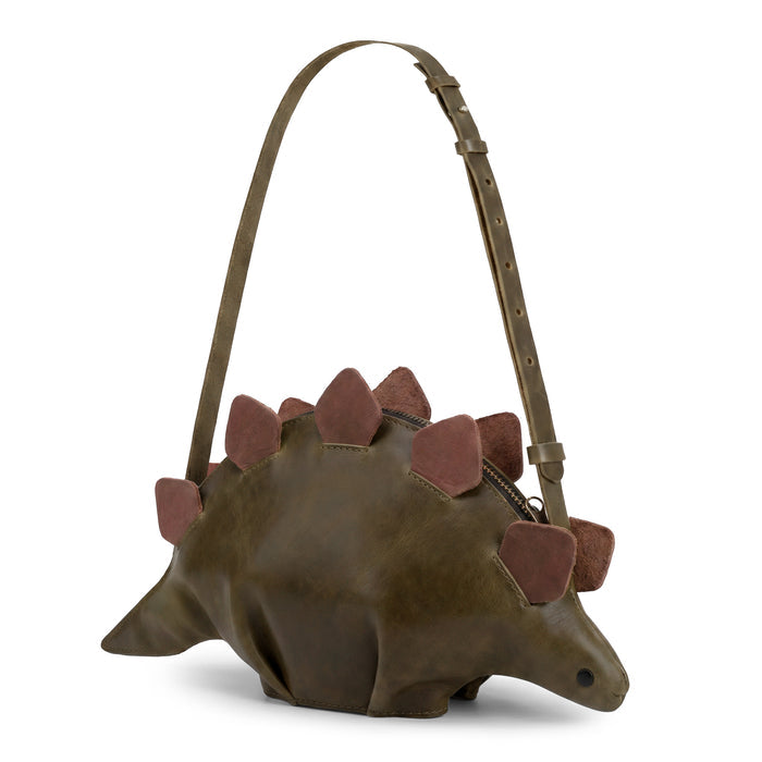Dinosaur-Shaped (Stegosaurus) Shoulder Bag by Tudi Frudi, crafted from Full Grain Leather, showcasing its unique design as a Crossbody Bag. This stylish and functional Handmade in La Antigua Guatemala & Oaxaca Mexico offers the perfect addition to your collection.