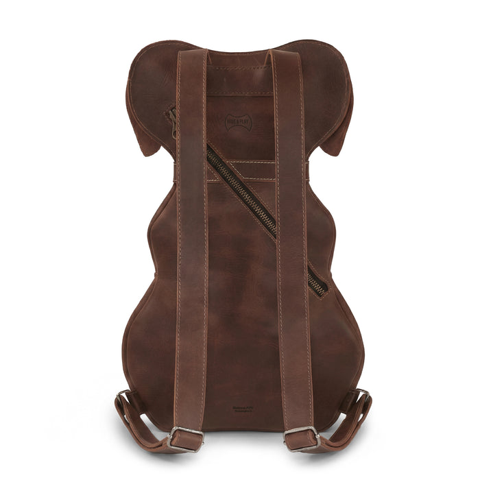Back view of the Doggy-Shaped Backpack by Hide & Play, showcasing its functional design with adjustable shoulder straps. This leather bag is a great pet lover back bag, crafted from full grain leather and exemplifying small batch production as it is fire branded and handmade by artisans.