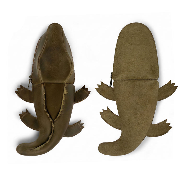Gator Leather Pouch by Tudi Frudi, displayed from above, illustrating its versatile design as a small charger cable holder and change bag. This handmade full grain leather pouch is crafted with care in small batches, honoring the artisan tradition of La Antigua Guatemala and Oaxaca Mexico.