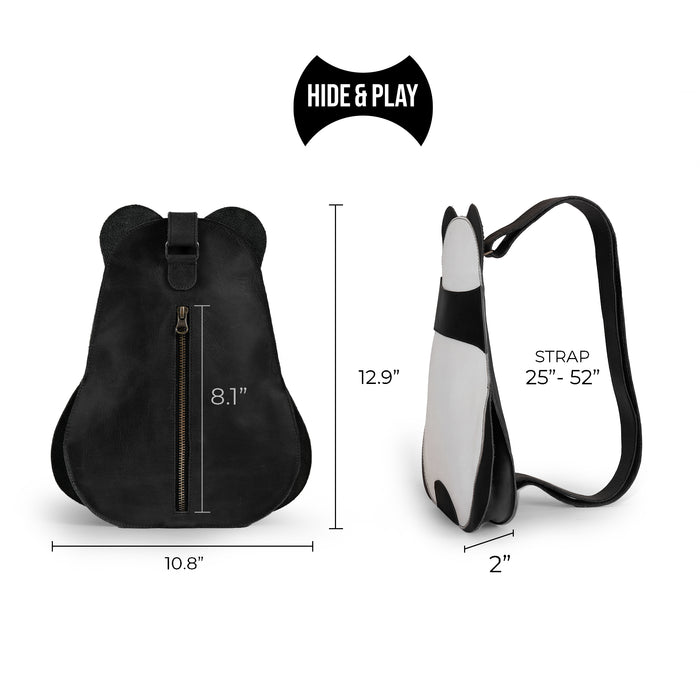 Specifications image detailing the dimensions of the Panda-Shaped Crossbody Bag by Hide & Play, highlighting its thoughtful design. Perfect for everyday use, made from high-quality full grain leather with small batch production in La Antigua Guatemala & Oaxaca Mexico.